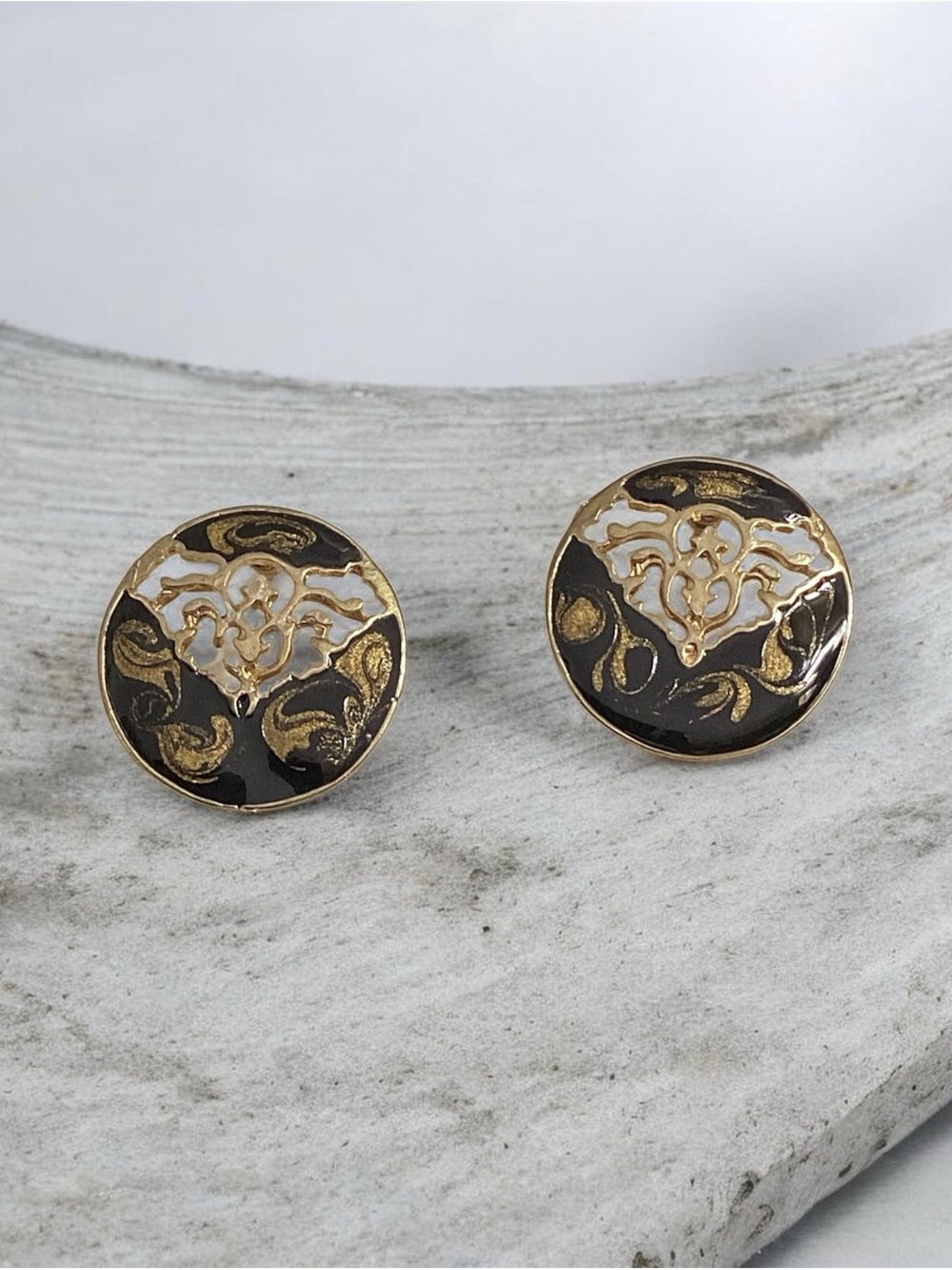 Vintage Ornate Cut-Out Gold Filigree Black Enamel Pierced Earrings